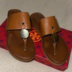 Aldo Tan Leather Slide Sandals with gold Metallic Detail